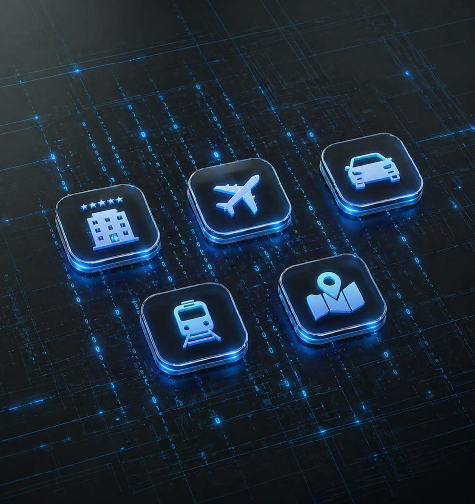 Icons of hotel, airplane, car, train and itinerary against a digital dark background