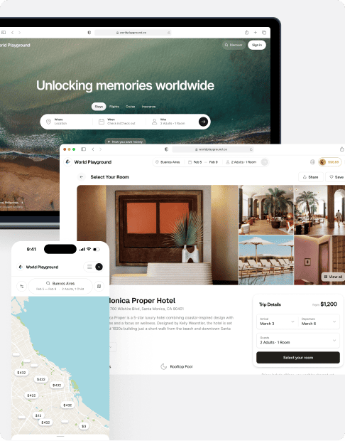 screenshots of travel booking websites and a map