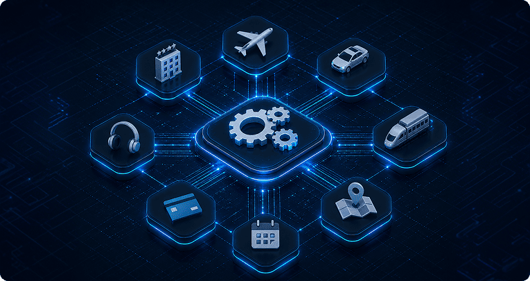 icons arranged in a circle around a gear icon
