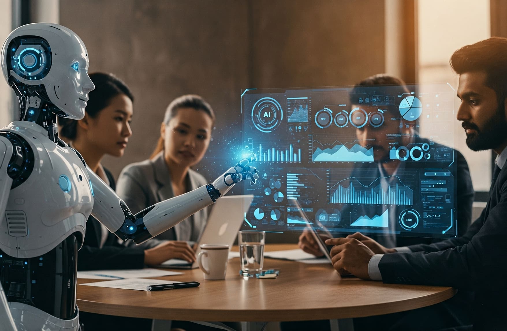 Humanoid robot sitting at the table with human colleagues in front of a transparent dashboard