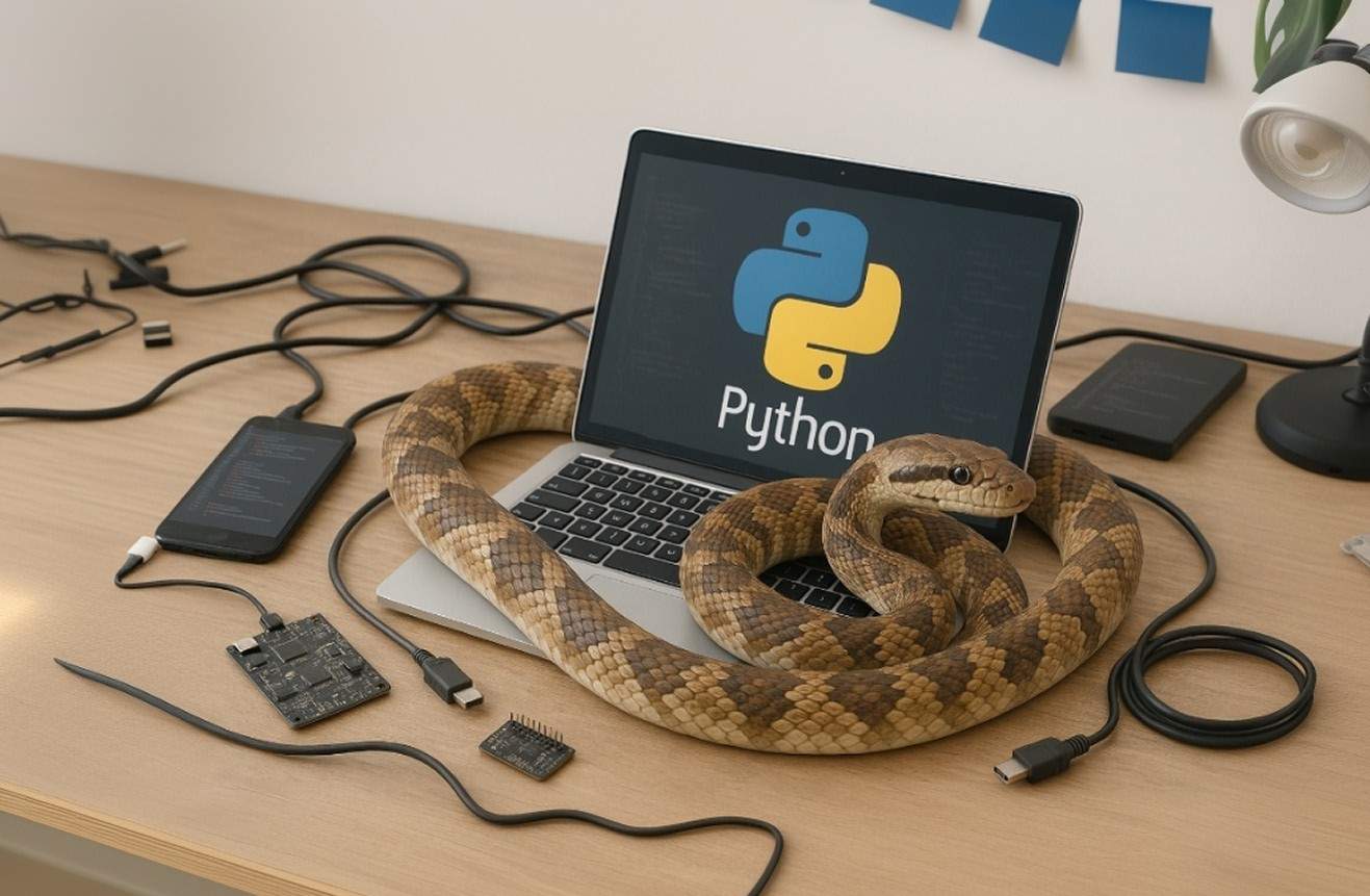 Python entwining laptop with python logo