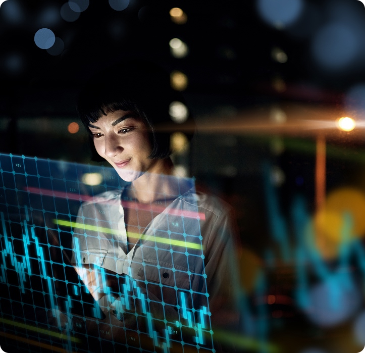 Woman looking at graphs and dashboards