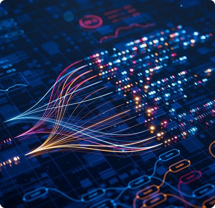 Part of computer processor with colorful lines depicting inflows of impulses