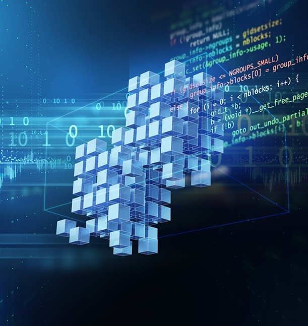 A cluster of translucent, light-blue 3D cubes floats in the center of a dark blue digital environment. The background is layered with scrolling lines of multi-colored computer code, floating binary digits, and wireframe geometric shapes, symbolizing data processing, blockchain, or software infrastructure.