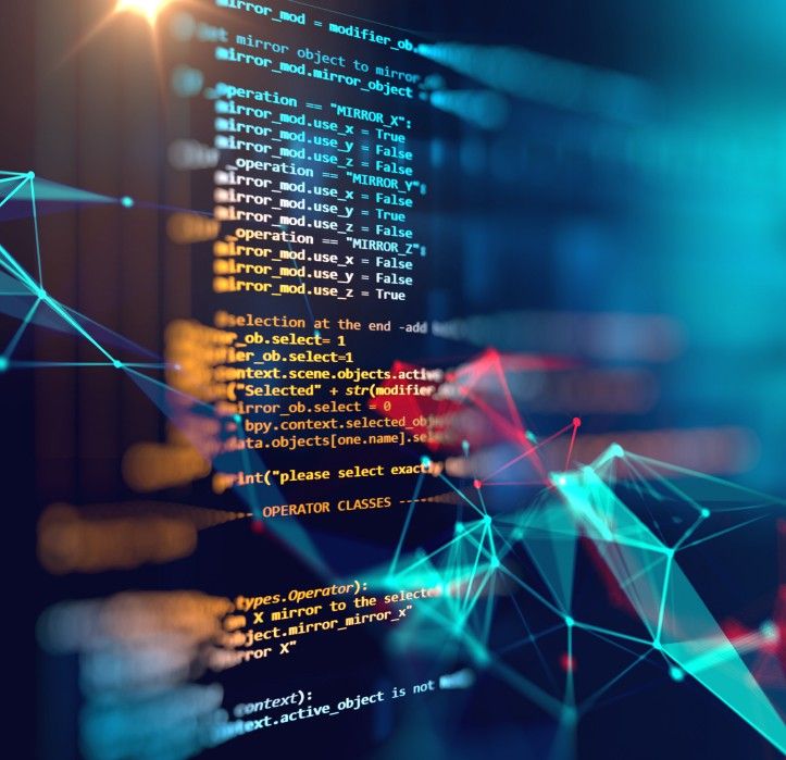 Lines of code with abstract tech-themed elements