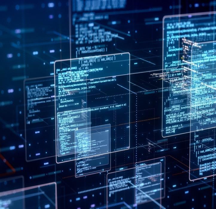 A futuristic digital illustration featuring floating, semi-transparent glass panels displaying lines of white programming code against a dark blue background filled with glowing data points, grid lines, and abstract geometric shapes.