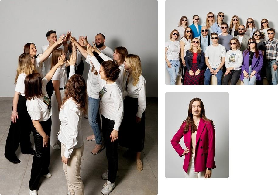 A collage of three photographs showcasing a professional team in various settings: Main Image (Left): A large group of team members, mostly dressed in white shirts and dark trousers, stand in a circle with their hands raised together in a celebratory huddle or multi-person high-five against a neutral gray background. Top Right Image: The same group of colleagues is posed together for a formal yet playful group photo; everyone in the group is wearing dark sunglasses and casual white or neutral clothing. Bottom Right Image: A professional portrait of a woman with long brown hair, smiling and wearing a vibrant magenta blazer over a light-colored top and white trousers, standing against a plain light gray backdrop.