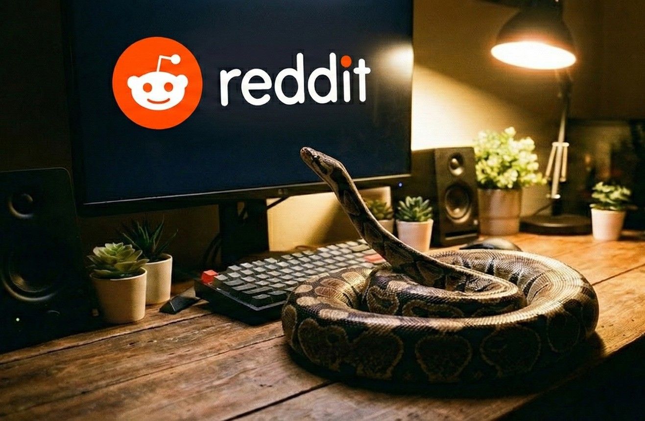 A large python snake is coiled on a rustic wooden desk in a cozy, dimly lit home office. The snake's head is lifted, facing a computer monitor that prominently displays the bright red Reddit logo on a black background. The workspace is decorated with several small potted succulents, a mechanical keyboard, and a classic desk lamp that provides a warm ambient glow over the scene.