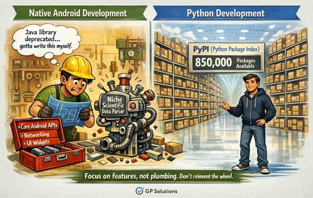A split-screen illustration comparing development styles. On the left, labeled "Native Android Development," a stressed construction worker holding a blueprint sweats next to a complicated machine labeled "Niche Scientific Data Parser," thinking, "Java library deprecated... gotta write this myself." On the right, labeled "Python Development," a relaxed man stands in a massive warehouse representing the "PyPI (Python Package Index)" with a sign reading "713,000+ Packages Available." A caption at the bottom reads, "Focus on features, not plumbing. Don't reinvent the wheel."