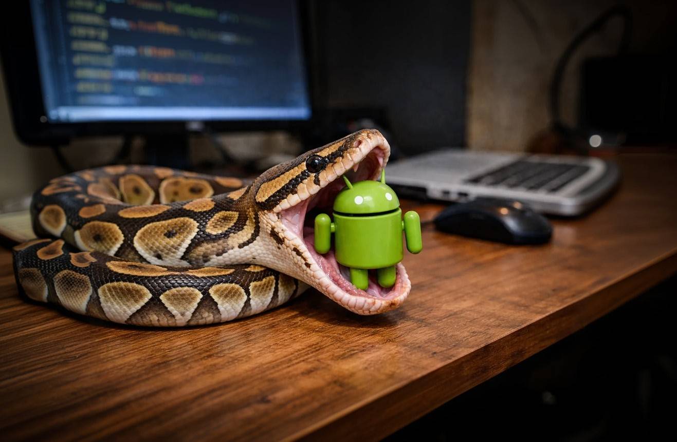 A creative image showing a real ball python snake on a wooden desk with its mouth wide open, swallowing a green plastic Android robot figurine. In the blurred background, a computer monitor displaying code and a laptop are visible, visually representing the combination of the Python programming language and the Android operating system.
