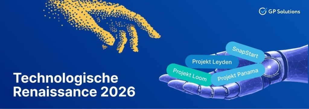 Eine Grafik mit dem Titel "Technologische Renaissance 2026" auf einem dunkelblauen Hintergrund, die eine menschliche Hand aus zerstreuenden gelben digitalen Partikeln zeigt, die sich nach einer Roboterhand ausstreckt. Die Roboterhand hält vier kapselförmige Schaltflächen mit den Aufschriften "Projekt Loom", "Projekt Leyden", "Projekt Panama" und "SnapStart".