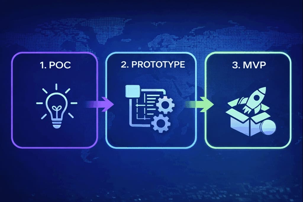 A diagram showing three stages: POC with a lightbulb, Prototype with gears, and MVP with a rocket in a box.