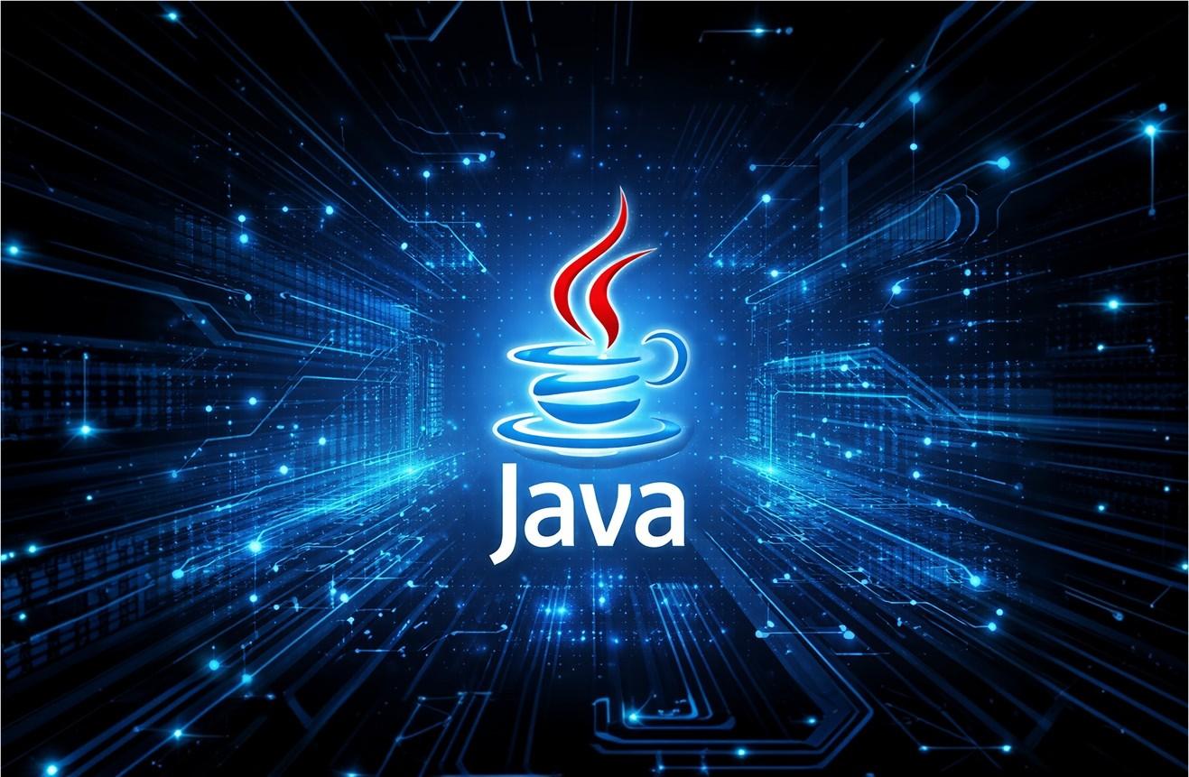 A glowing, futuristic digital artwork of the classic Java coffee cup logo rendered in bright red and blue neon lines. It is set against a deeply dimensional, high-tech background resembling a glowing blue circuit board or digital data tunnel.
