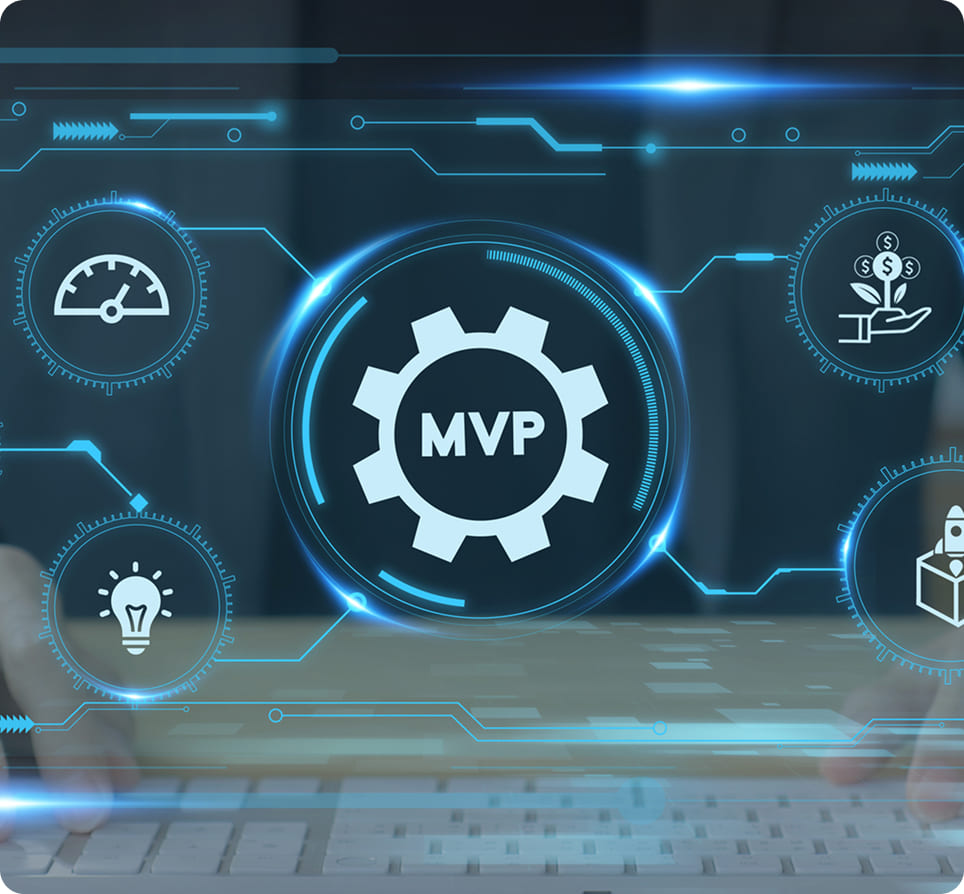 keyboard below a blue glowing holographic display featuring an MVP gear and business icons