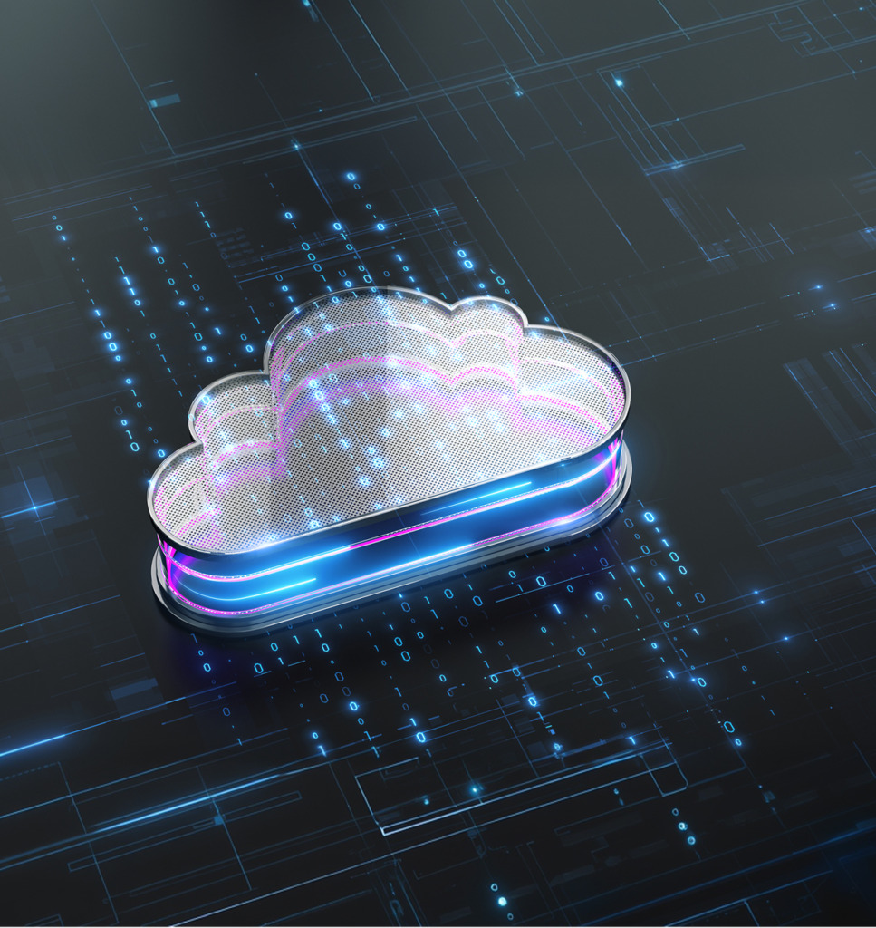 A metallic cloud icon glowing with pink and blue lights floats above a dark digital binary code grid.