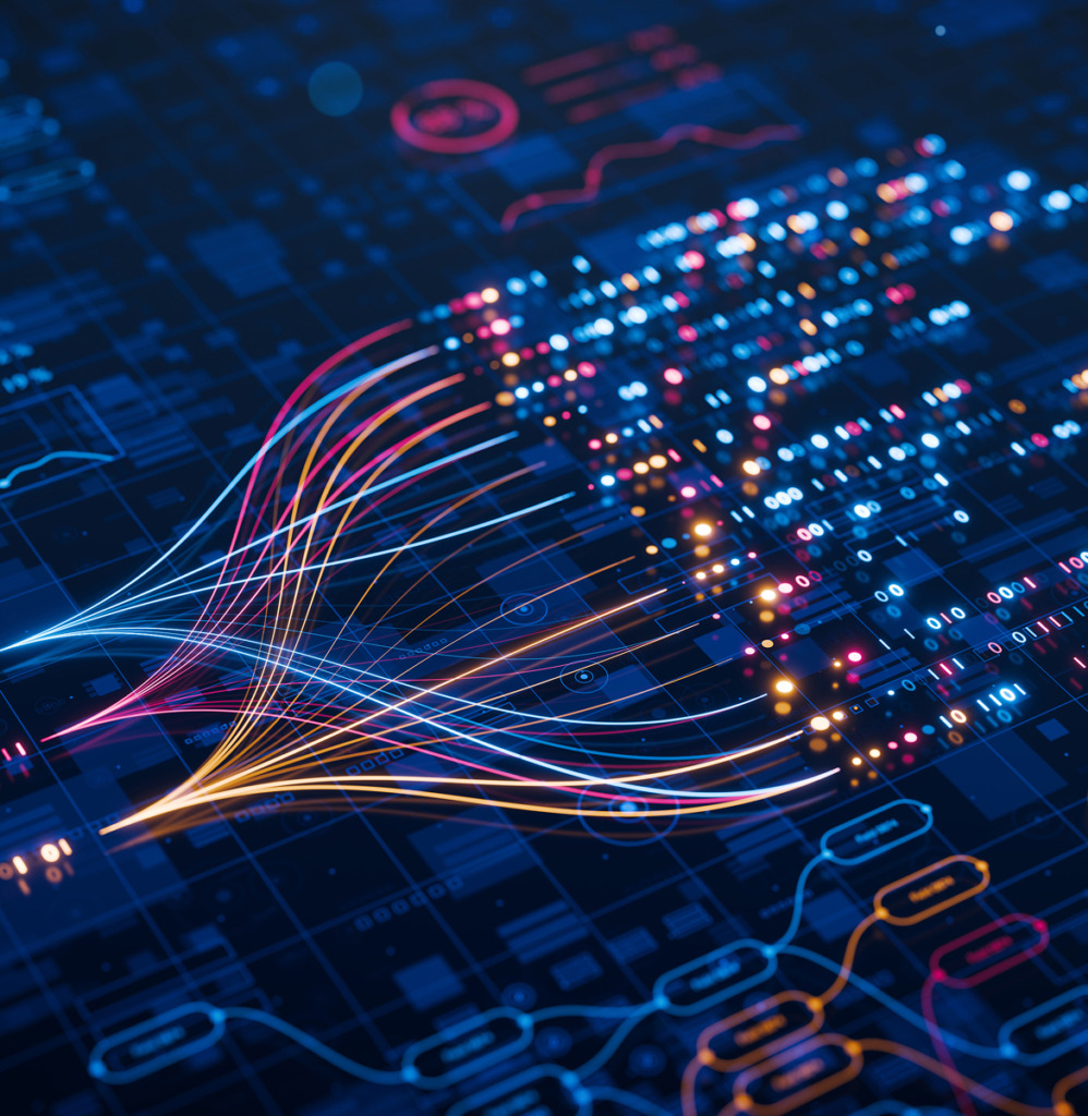 Abstract digital background featuring colorful glowing data streams connecting nodes and binary code.