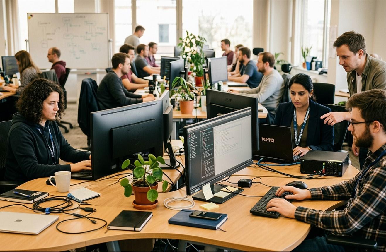 brightly lit open-plan office where multiple software developers are working at their computer desks