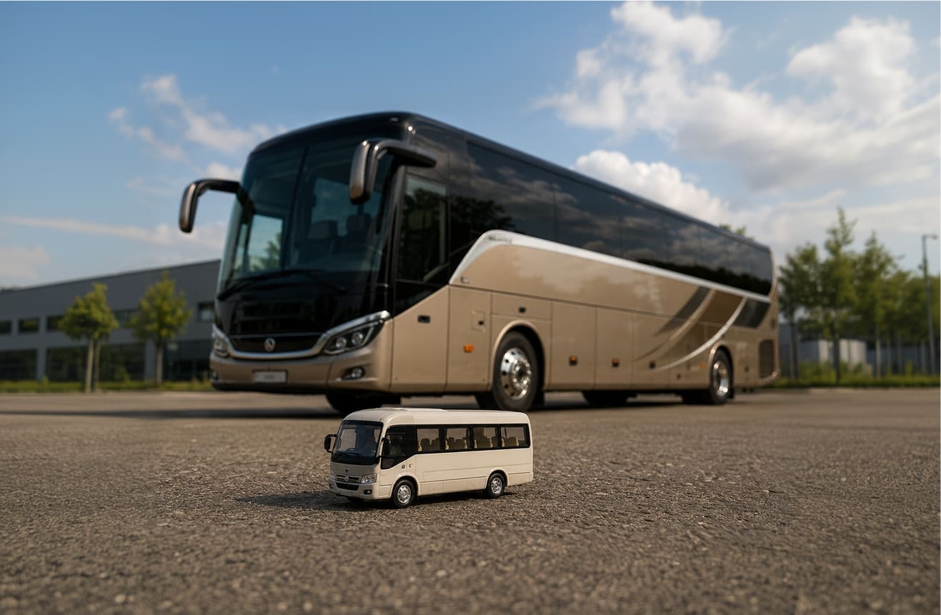 A large beige and black tour bus parked on an asphalt lot with a tiny matching toy replica in front of it.