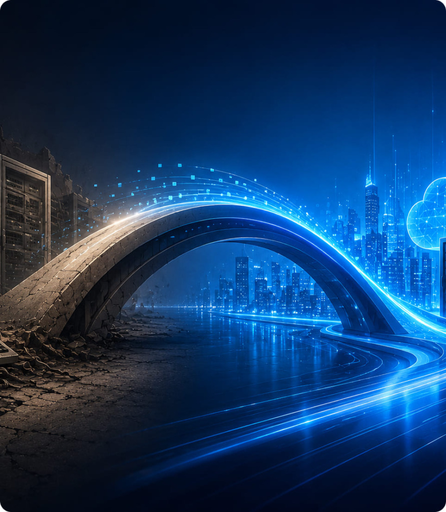 a bridge representing a connection between old stone world and digital world