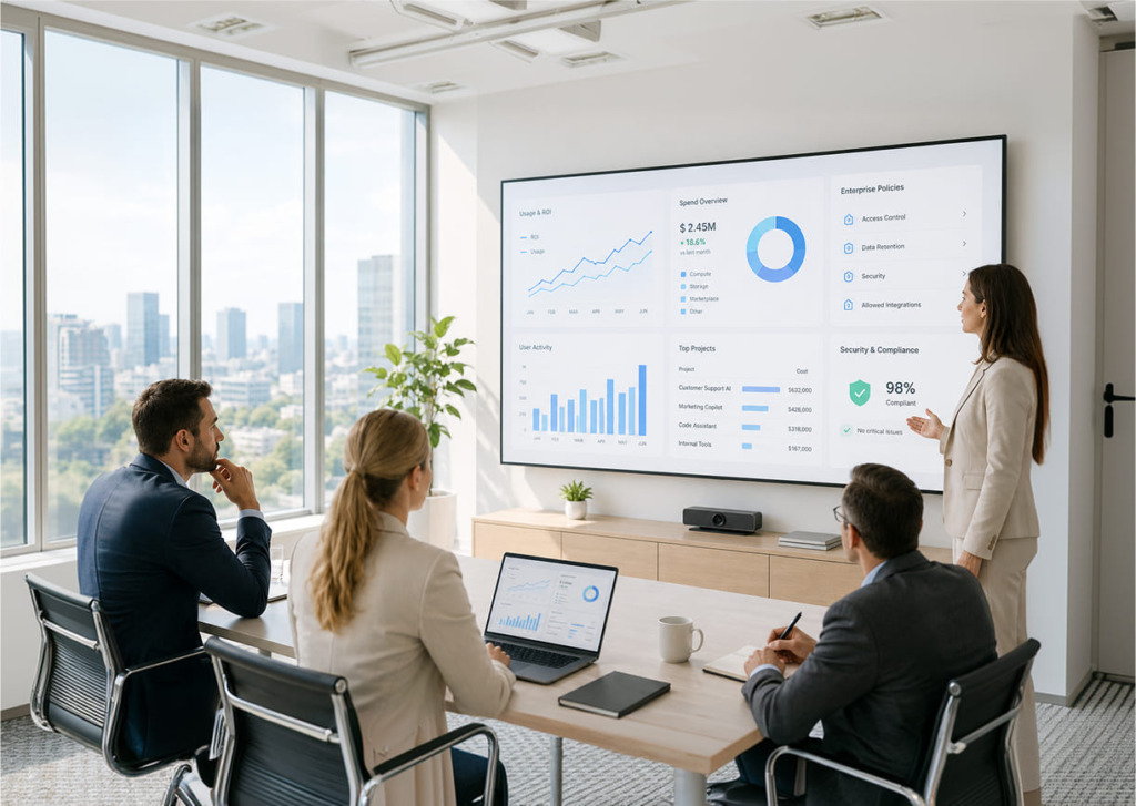 large screen with diagrams and people sitting in office in front of it