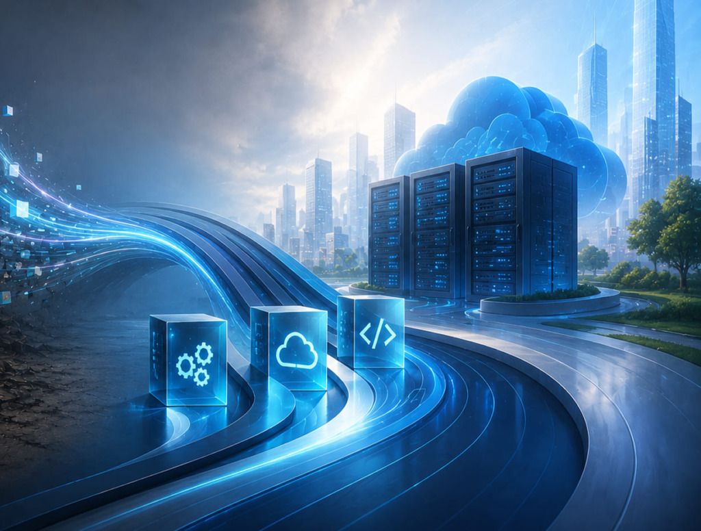futuristic town with giant servers and three blocks with gear, cloud and code icons