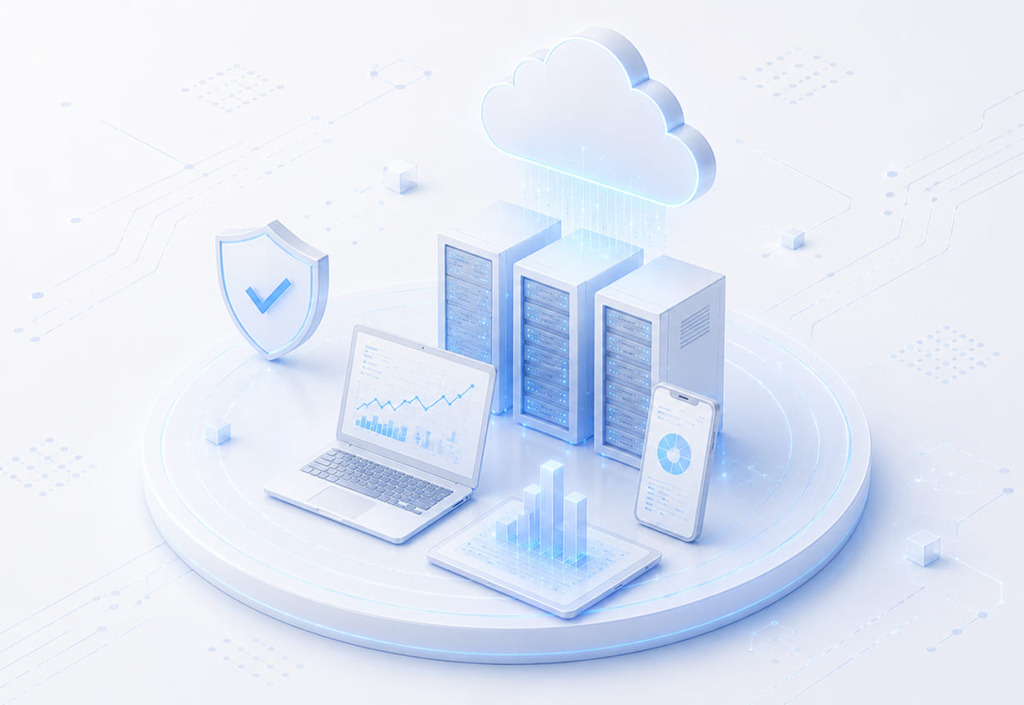 Light lilliac tech elements (laptop, servers, shiled, cloud)