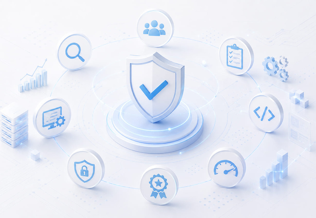 icon representing different technical aspects arranged around shield icon/