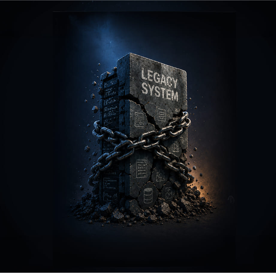 Dark block with chains and the text legacy system on it